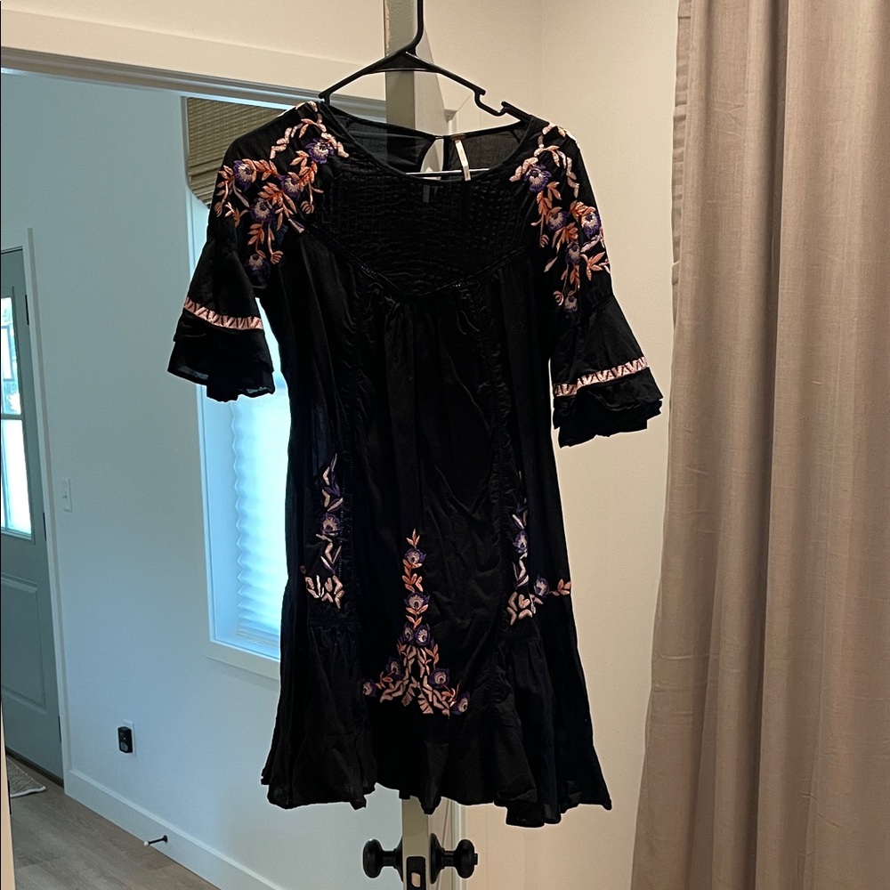 Free People Black Mini Dress with Purple Embroidery
